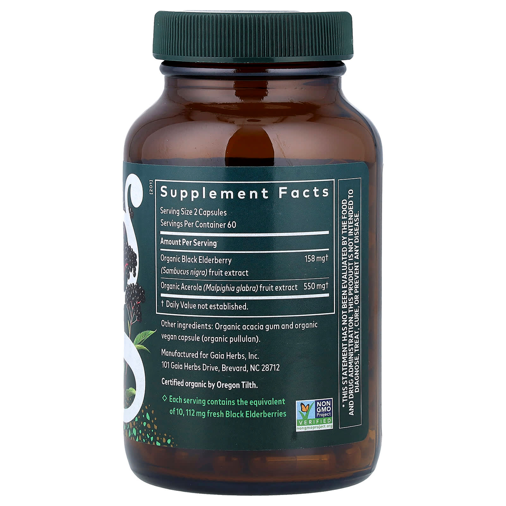 Gaia Herbs, черная бузина с плодами ацеролы, 120 веганских капсул