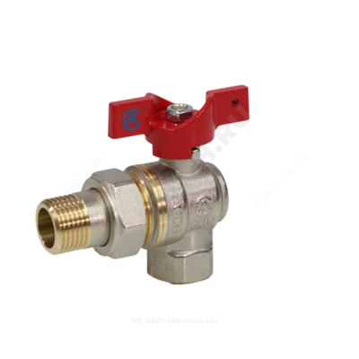 Кран шаровой латунь никель угловой 1011 Euro Ду 20 Ру40 ВР/"американка" полнопроходной бабочка красная Aquasfera 1011-02