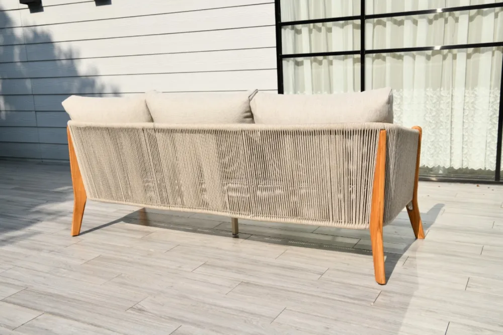 "Сидней" диван 3-местный плетеный из роупа, основание тик, каркас алюминий бежевый, роуп бежевый, ткань бежевая