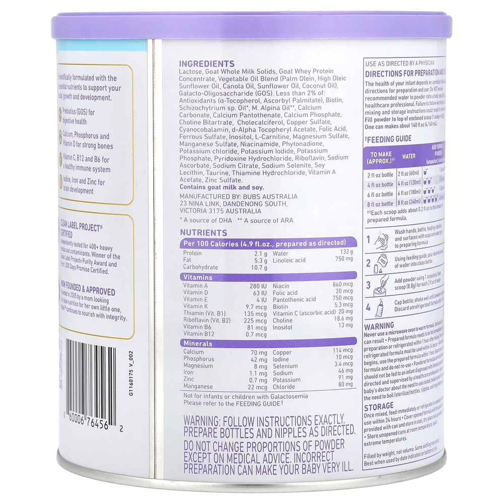 Aussie Bubs, Goat, смесь для младенцев с порошком на основе железного козьего молока, 0–12 месяцев, 567 г (20 унций)