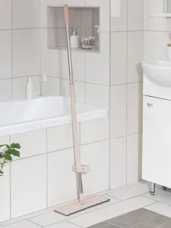 Швабра для мытья пола плоская с вертикальным отжимом Доляна, 2 насадки из микрофибры 35×14 см, стальная ручка 125 см