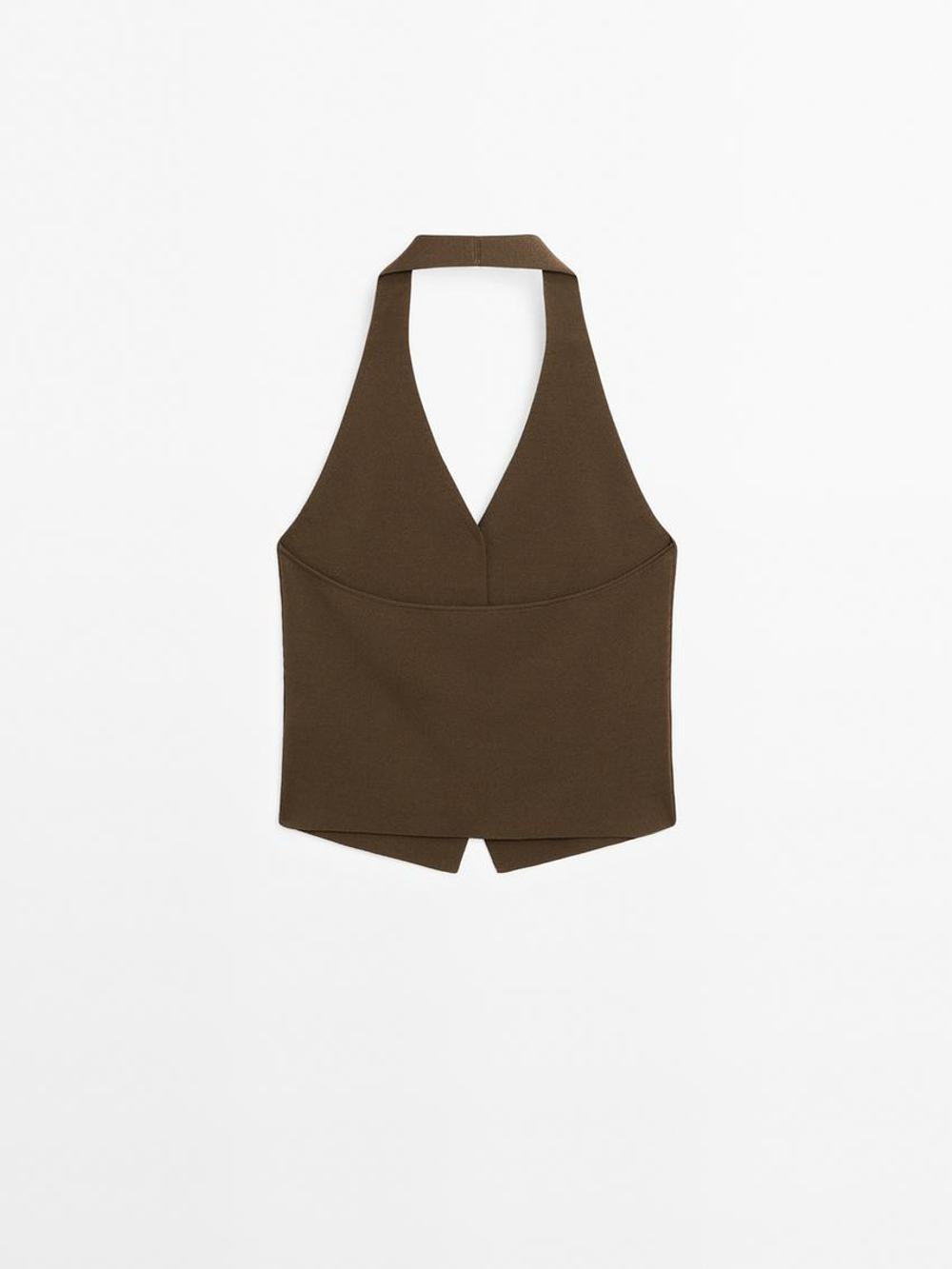 Massimo Dutti Вязаный жилет с воротником-халтер, хаки