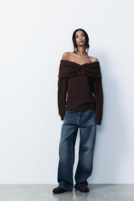 ZARA СВИТЕР С ОТКРЫТЫМИ ПЛЕЧАМИ, КОРИЧНЕВЫЙ