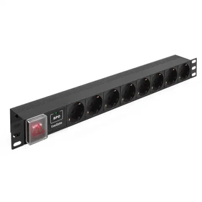 Блок розеток горизонтальный ExeGate ServerPro PDU-19H807 Al-8S-EU2-SW-SPD1 19", 1U, Алюминий 8 Schuko, кабель с евровилкой 2 метра выкл. с подсветкой SPD1, черный