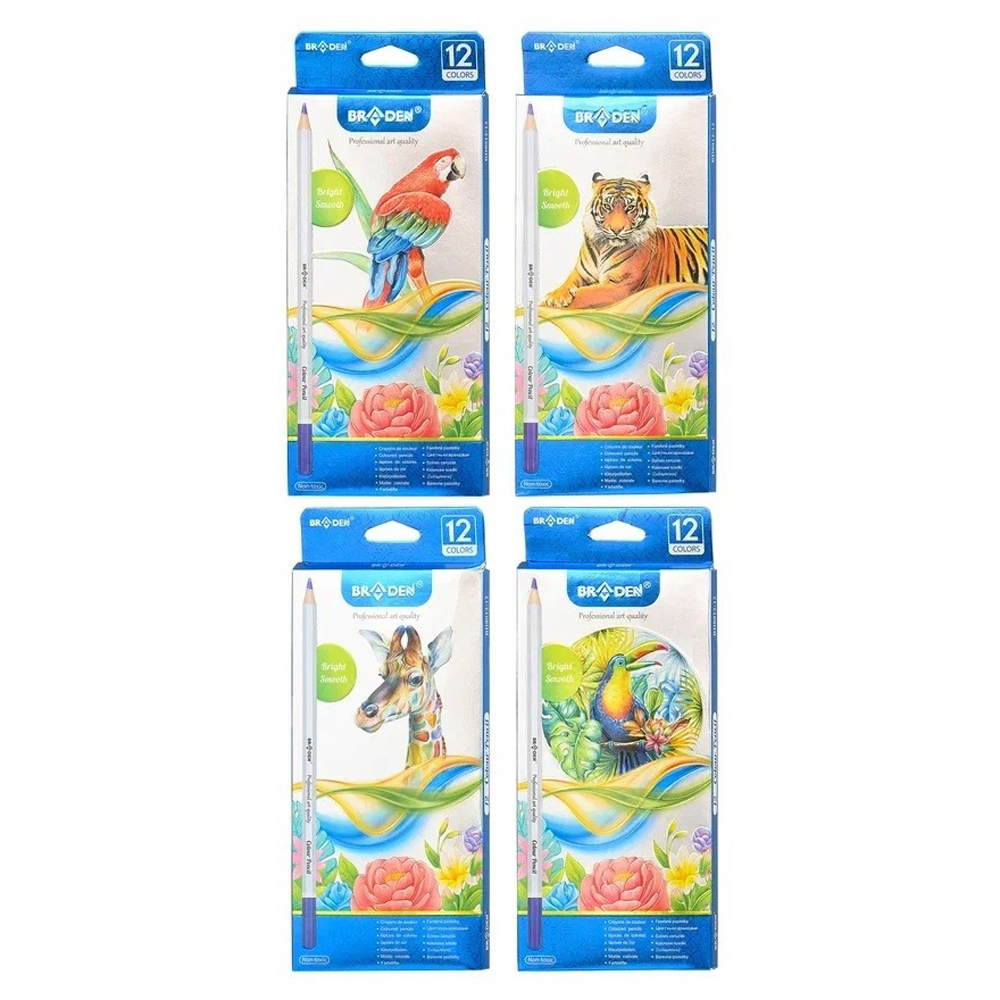 Карандаши цветные, Basir, деревянные, серия "Африка", серебристый корпус, цветная упаковка, 12 шт