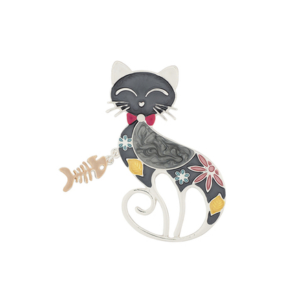 Брошь Shadore Кошка с рыбкой XZ0864.2 BW/S
