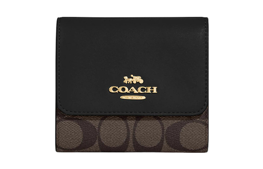 COACH Trifold Wallet Canvas With Leather Card Holder, Wallet Small Women"s Brown & Black