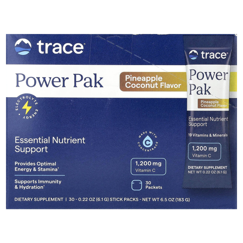 Trace, PowerPak, электролит для повышения выносливости, ананас и кокос, 30 пакетиков, по 6,1 г (0,22 унции)