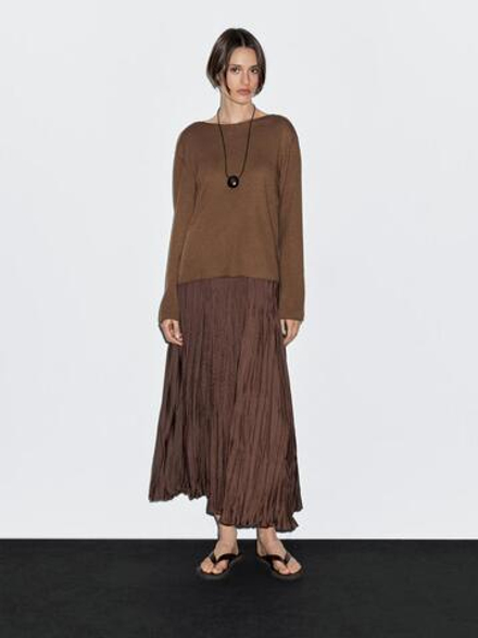 Massimo Dutti Свитер с воротником лодочкой из смесовой шерсти, тоффи