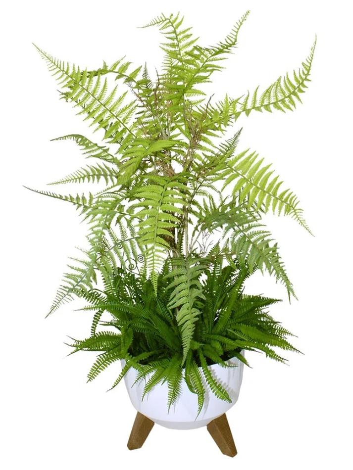 Искусственная композиция из зеленых папоротников 70см в светлом кашпо на ножках