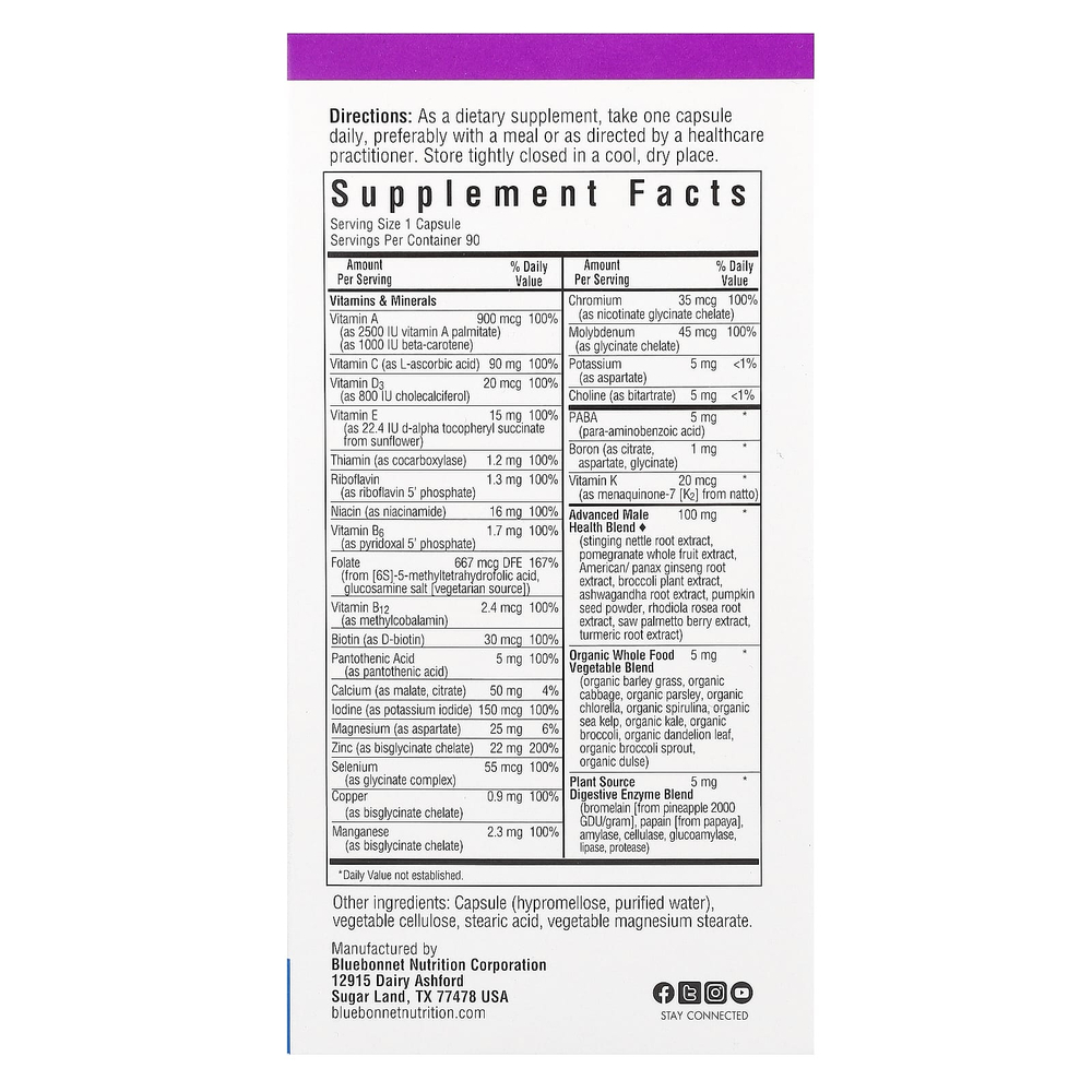 Bluebonnet Nutrition, Men's ONE, комплекс на основе цельных продуктов, 90 растительных капсул