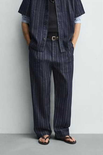 ZARA БРЮКИ ЧИНОС RELAXED FIT В ТОНКУЮ ПОЛОСКУ, СИНИЙ