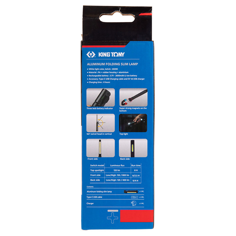 KING TONY (9TA268A) Фонарь светодиодный, шарнирный, магнит, 1+1 элементов, Li-Ion, 800 люмен