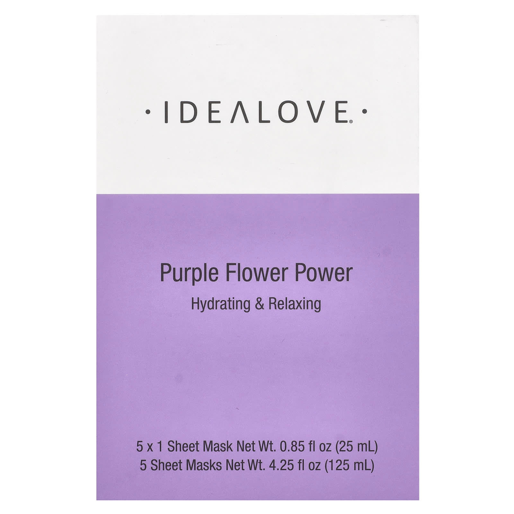 Idealove, Purple Flower Power, 5 тканевых косметических масок, 25 мл (0,85 жидк. унции) каждая