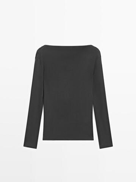 Massimo Dutti Футболка с длинными рукавами и драпированным вырезом, свинцовый