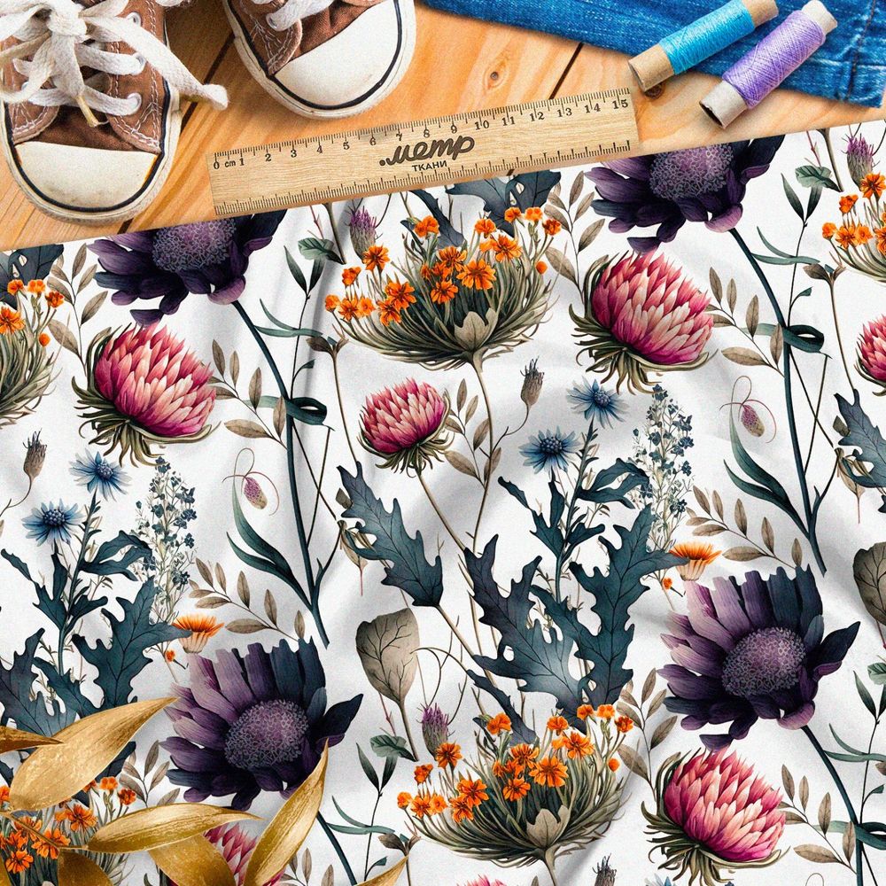 Ткань мембрана яркие акварельные полевые цветочки