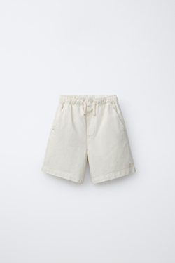 ZARA ХЛОПКОВЫЕ ШОРТЫ-БЕРМУДЫ С ЭЛАСТИЧНЫМ ПОЯСОМ, ЭКРЮ