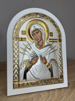 Семистрельная БМ, икона арочная, белое дерево 206х275