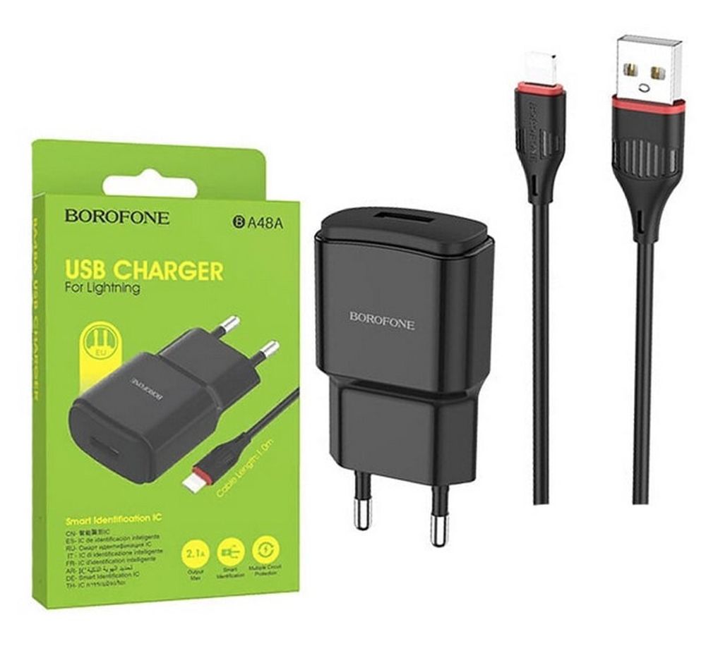 Сетевой адаптер питания BOROFONE BA48A 1USB 2.1A + кабель Lightning (черный)