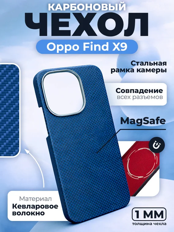 Карбоновый чехол для Oppo Find X9 с MagSafe синий (Blue) шахматное плетение