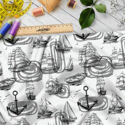 Ткань шелк Армани чёрные эскизы кораблей на белом фоне