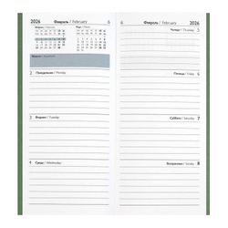 Еженедельник датированный 2026 ESCALADA, 80х165 мм, 64 л., арт. 70374/ 20 ТИВОЛИ ГЛОСС ХАКИ (кожзам: мягкий переплёт, материал обложки: искусственная кожа "Тиволи глосс"; декор: блинтовое тиснение; способ крепления блока: ниткошвейный; вн. блок: 64 л