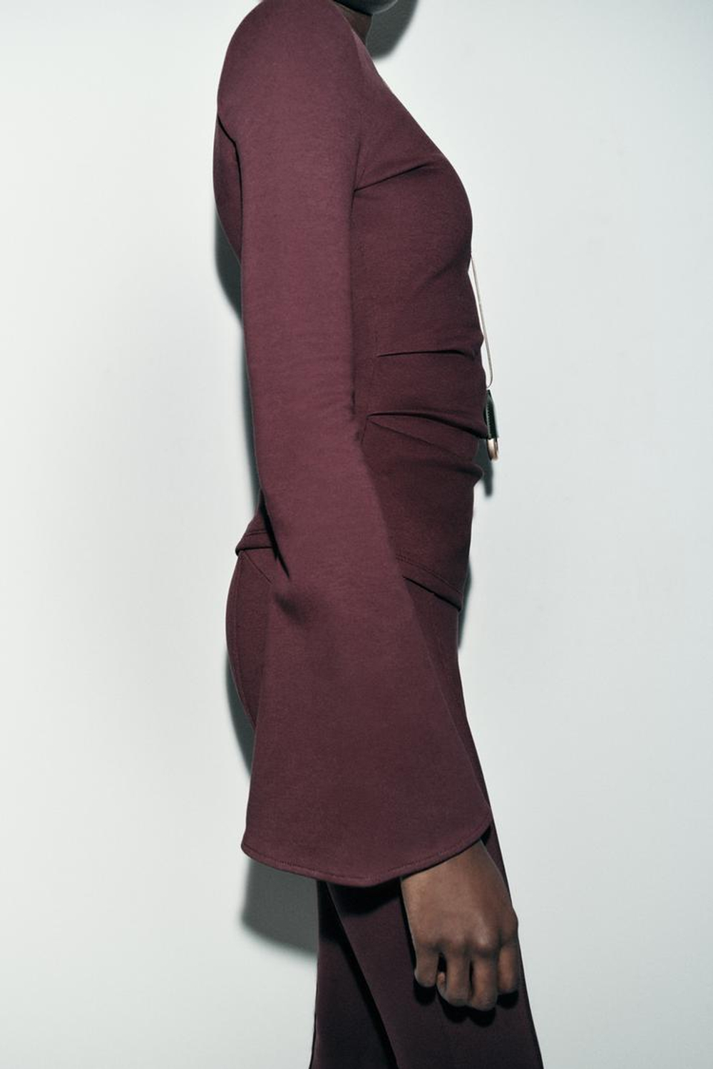 ZARA ТОП ИЗ ИНТЕРЛОКА С ДЛИННЫМ РУКАВОМ, ВИННЫЙ