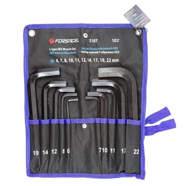Набор ключей Г-образных 6-гранных 10пр. (6, 7, 8, 10, 11, 12, 14, 17, 19, 22мм) на полотне Forsage F-5107