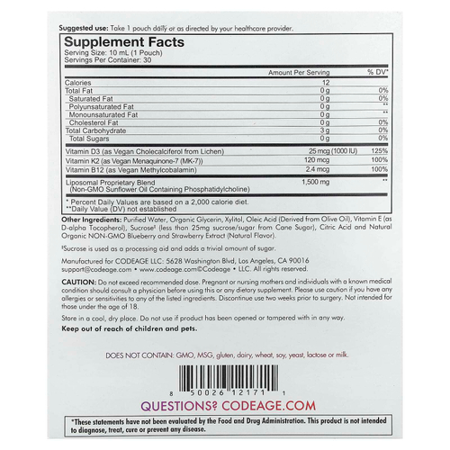 Codeage, Nanofood, липосомальные витамины D3 + K2 + B12, ягодное ассорти, 30 пакетиков по 10 мл (0,3 жидк. унц.)
