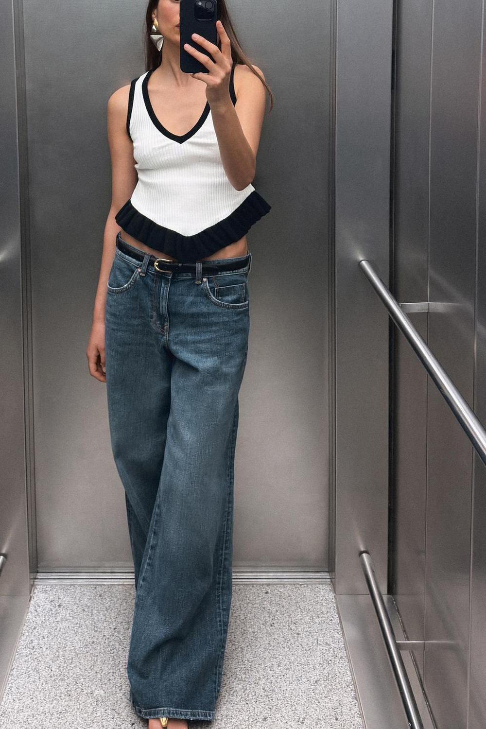 ZARA ТРИКОТАЖНЫЙ ТОП С КОНТРАСТНЫМИ ДЕТАЛЯМИ, БЕЛЫЙ/ЧЕРНЫЙ