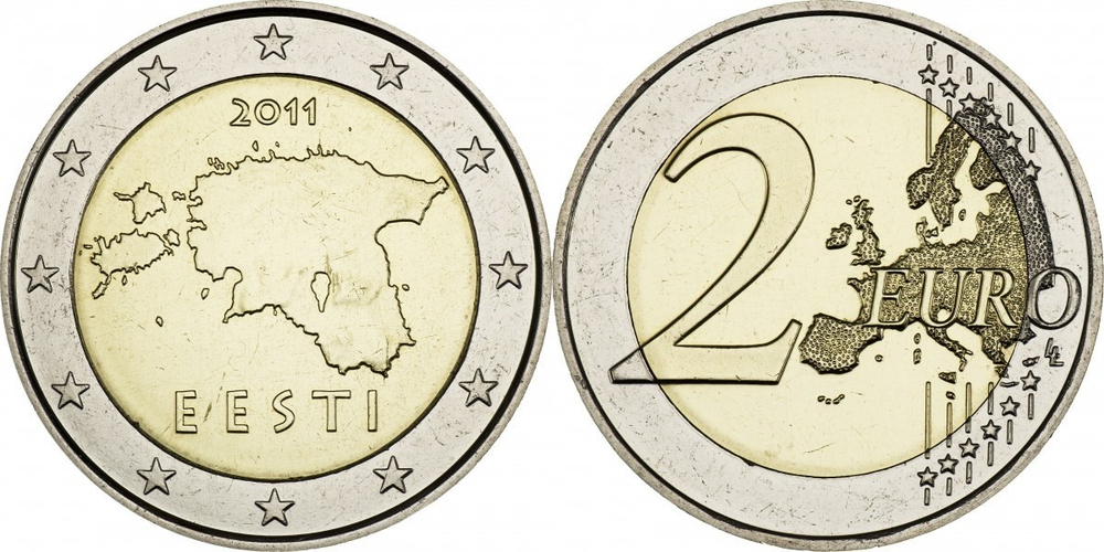 Эстония 2 евро, 2011-2023 Карта XF