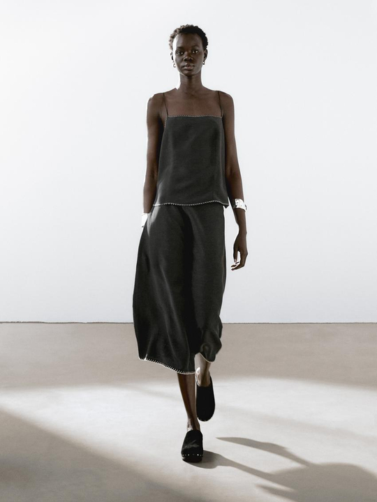 Massimo Dutti Топ на бретелях с контрастной строчкой, черный