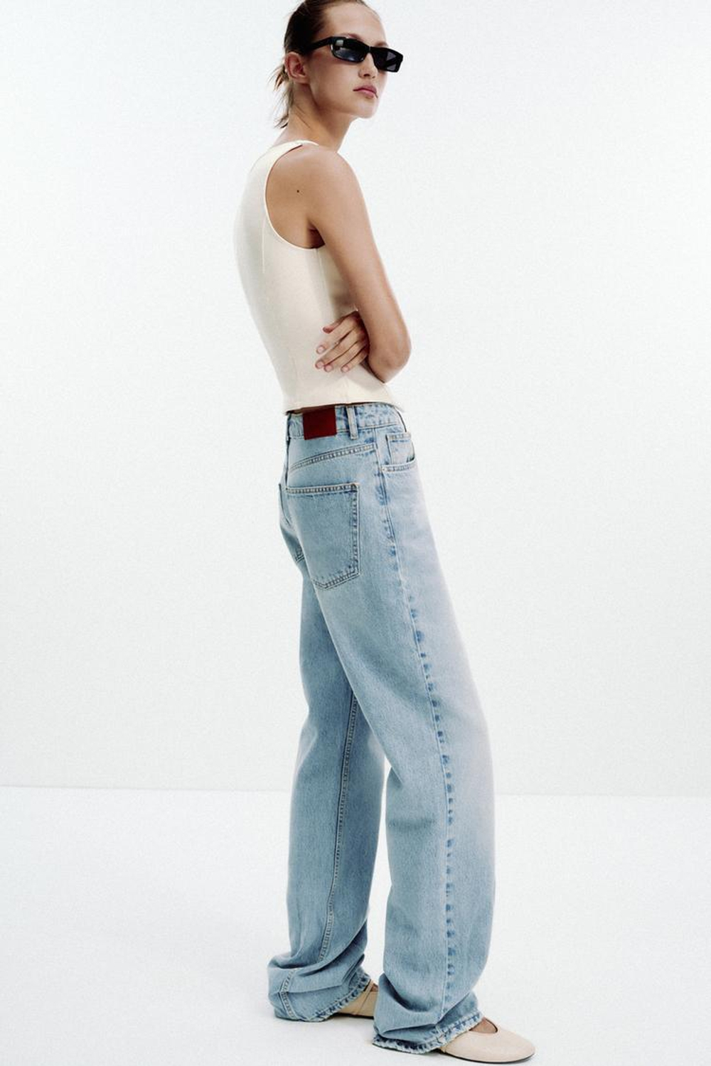 ZARA ТОП ИЗ ИНТЕРЛОКА С V-ОБРАЗНЫМ ВЫРЕЗОМ, ЭКРЮ