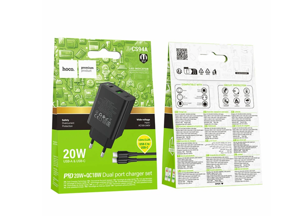 Сетевой адаптер питания HOCO CS94A PD 20W QC3.0 + кабель Type-C-Type-C (черный)