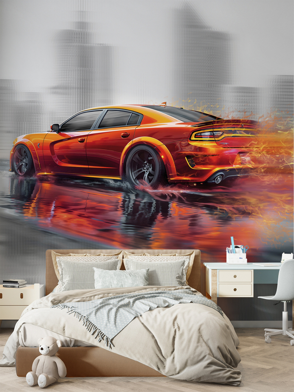 3D Фотообои оранжевая машина и город