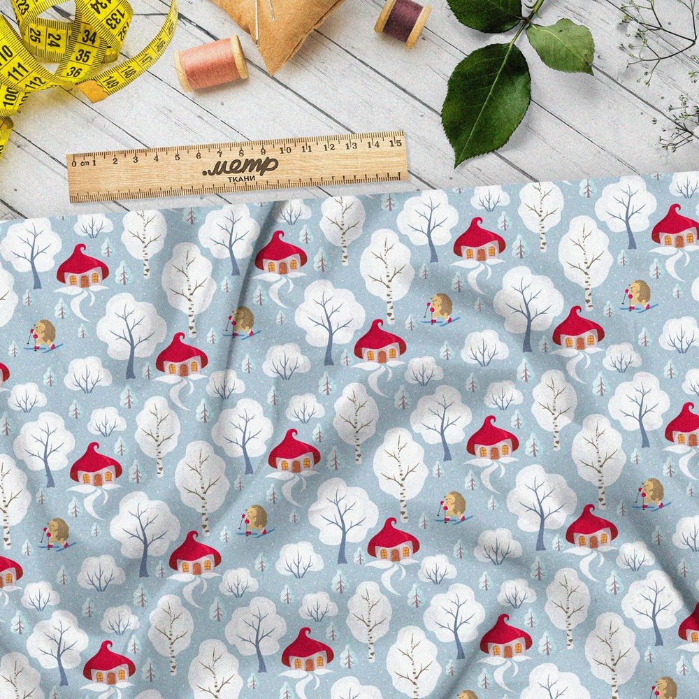 Ткань ниагара красный домик с белым деревом