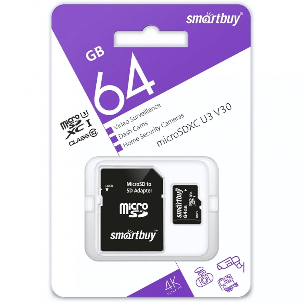 64 GB microSD Smartbuy U3 V30 с адаптером