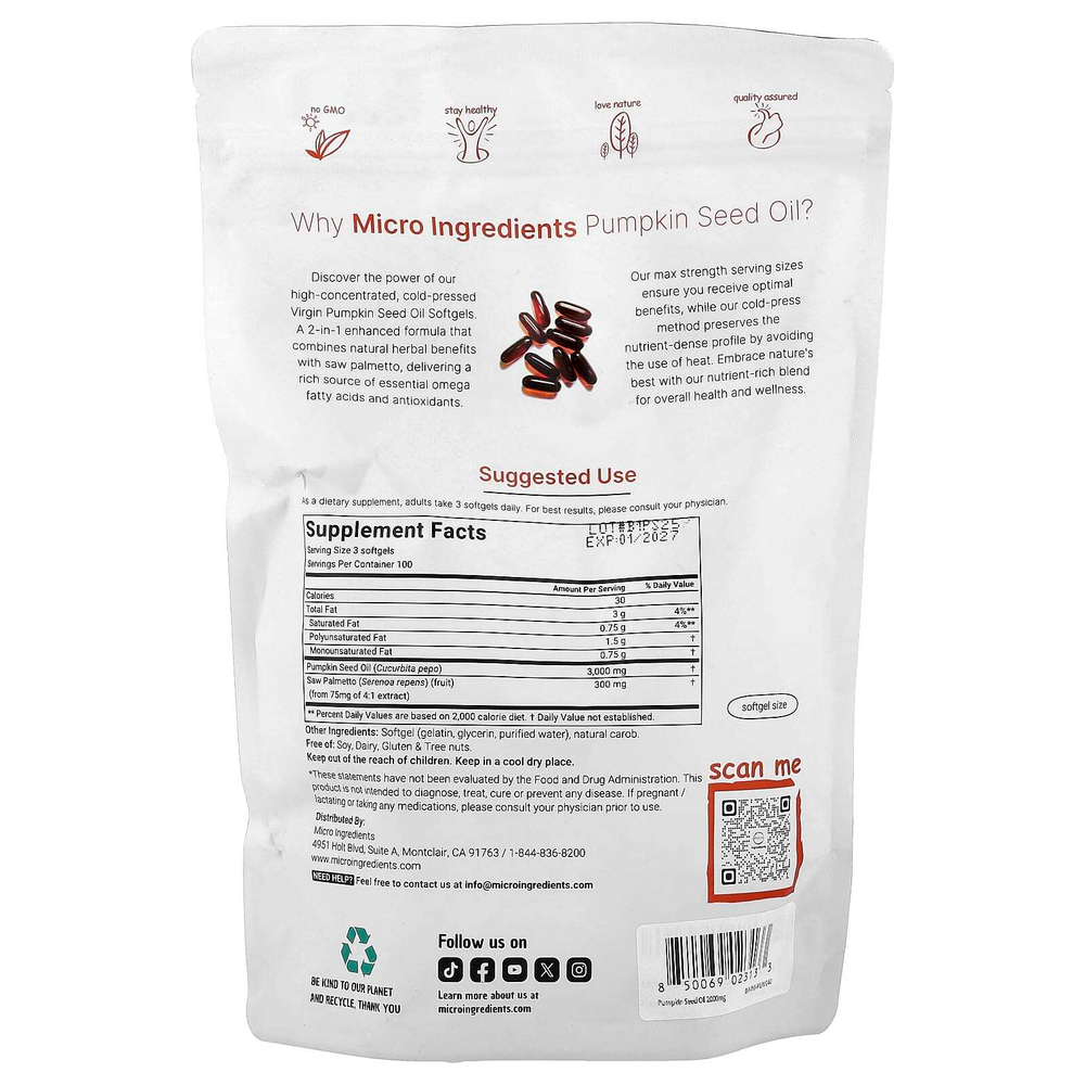 Micro Ingredients, Масло семян тыквы, 300 мягких таблеток