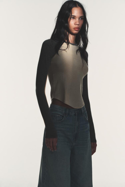 ZARA ФУТБОЛКА РЕГЛАН С КОНТРАСТНЫМИ ДЕТАЛЯМИ, СЕРЫЙ