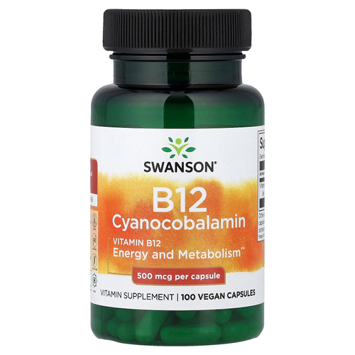 Swanson Vitamins, витамин B12, 500 мкг, 100 веганских капсул