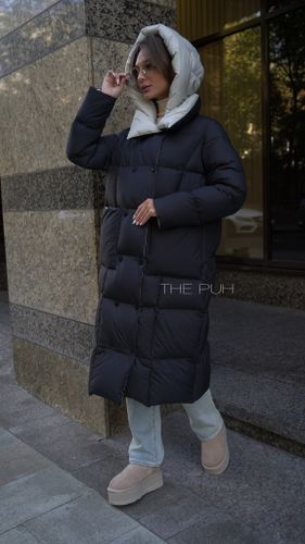 Длинный двусторонний черно-мятный пуховик