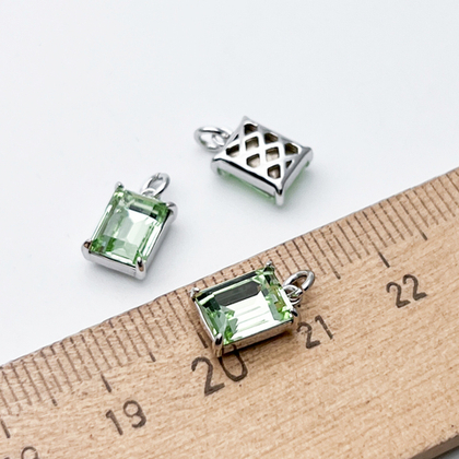 Подвеска Прямоугольник, цвет серебро (родий) + зеленый, размер 10*7 мм, цена за 1 шт