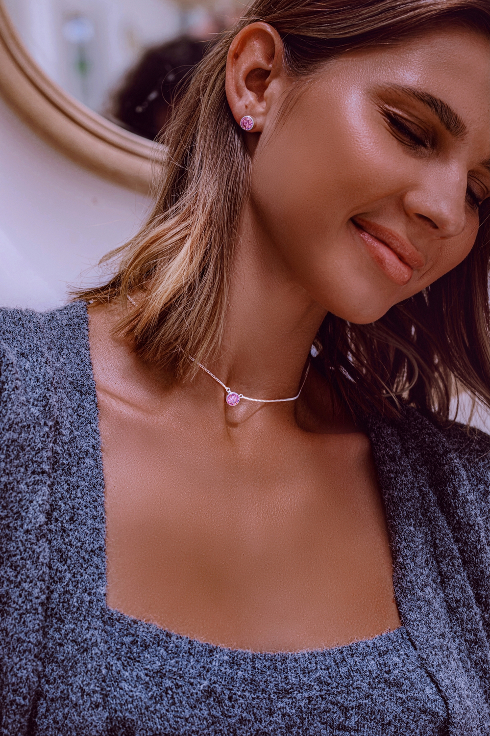 Колье «Капля» с розовым цирконом