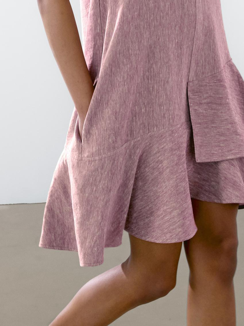 Massimo Dutti Мини-платье из 100% льна с воланами, пастельно-розовый