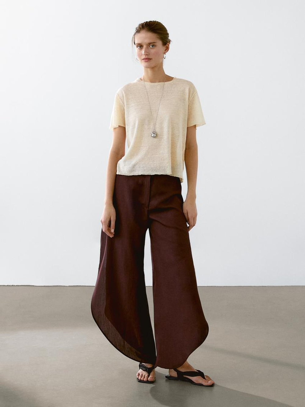 Massimo Dutti Ажурная футболка из смесового льна, натуральный, кремовый