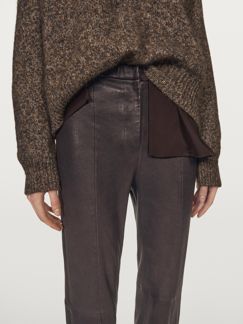 Massimo Dutti Легинсы из кожи наппа с эластичной отделкой, коричневый