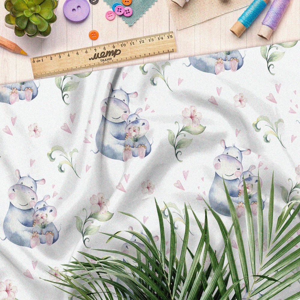Ткань таффета акварельные бегемотики