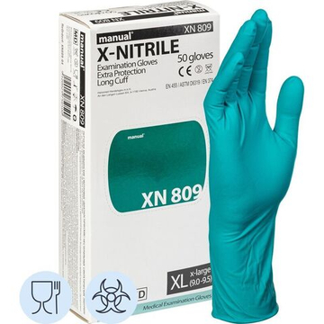 Перчатки медицинские смотровые Manual XN 809 нитриловые неопудренные удлиненные зеленые (размер XL, 50 штук/25 пар в упаковке)