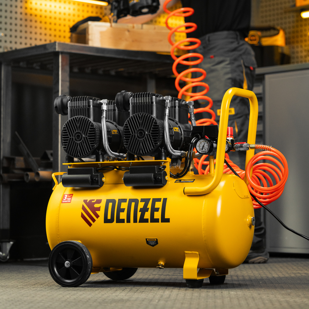 Компрессор безмасл. малошумный DLP -3000/50, 3 кВт, 2х1,5 кВт,50 л, 2850 об/мин,500 л/мин Denzel