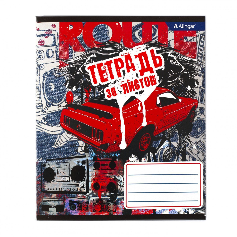 Тетрадь 36л., А5, клетка, Alingar "Гранж", скрепка, блок офсет, мелованный картон (эконом), 4 дизайна в пленке т/у